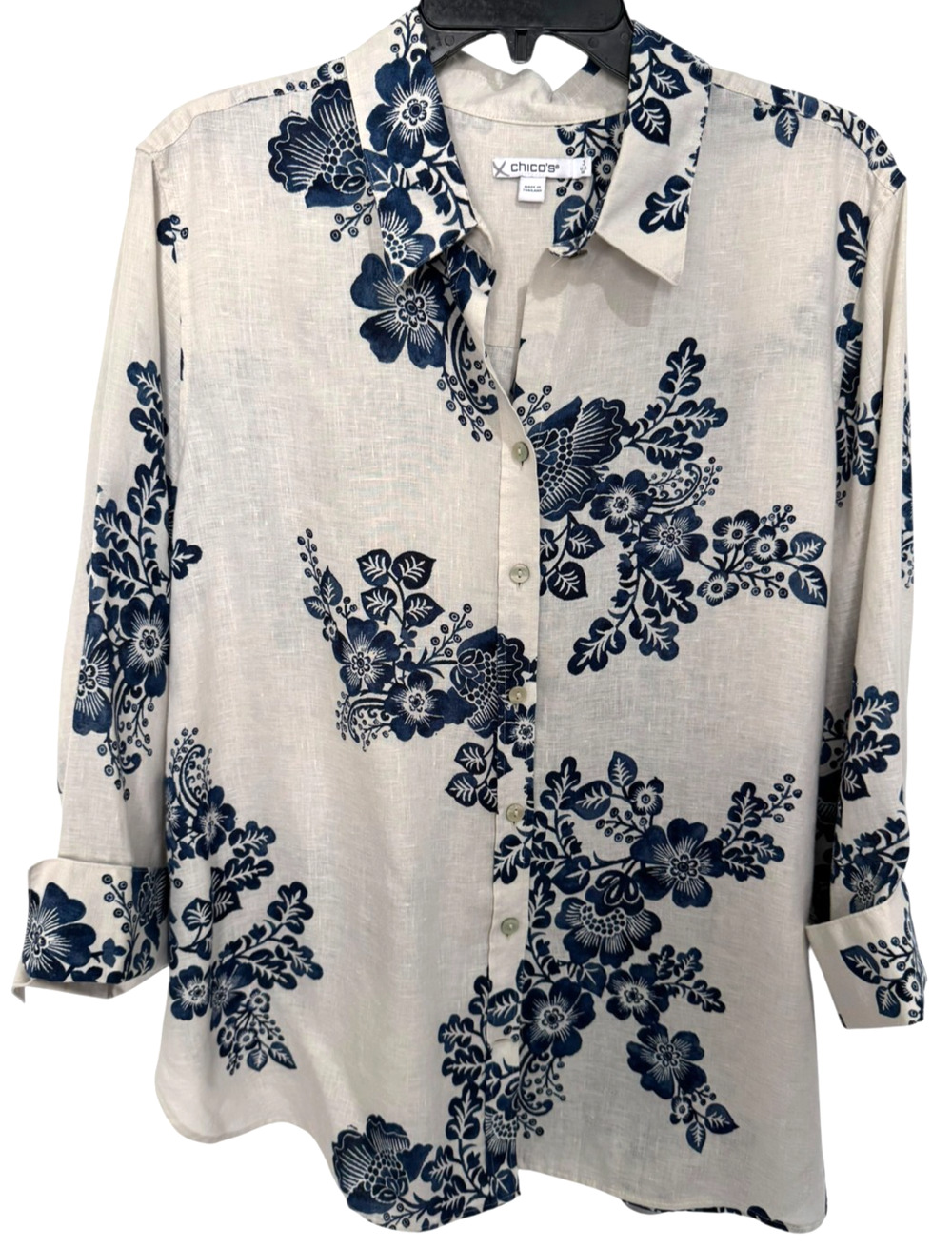 Chico's W's Sz 3/US 16 Button Up Shirt Blue Floral 100% Linen Tunic 3/4 Sleeve
